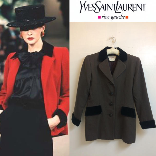 YVES SAINT LAURENT FRANCE製 襟 袖ベロア切替ジャケット