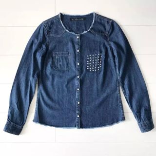 ザラ(ZARA)のZARA ザラ デニムシャツ ノーカラー ジャケット ブラウス ブルー(Gジャン/デニムジャケット)