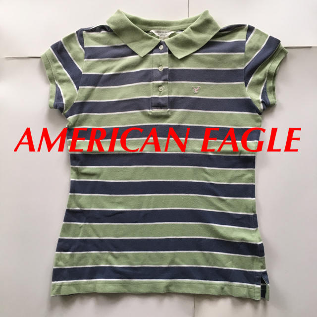 American Eagle(アメリカンイーグル)のAMERICAN EAGLE ポロシャツ ボーダー モスグリーン NY購入 M レディースのトップス(ポロシャツ)の商品写真