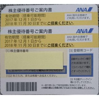 エーエヌエー(ゼンニッポンクウユ)(ANA(全日本空輸))のANA株主優待券：2枚セット　有効期限：2018年11月30日(航空券)