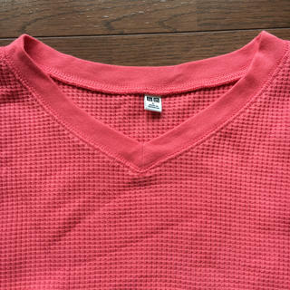 ユニクロ(UNIQLO)のユニクロ ワッフル VネックTシャツ 七分袖 ピンク L(Tシャツ(長袖/七分))