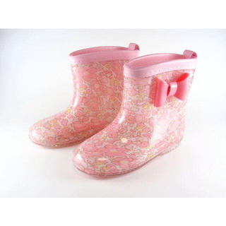 新品　子供用レインブーツ 　ピンクの花柄リボン付き長靴　26サイズ(約17cm)(長靴/レインシューズ)