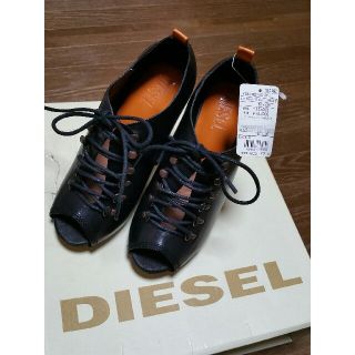 ディーゼル(DIESEL)のディーゼル レザー オープントゥ チャンキー ヒール ブラック 22.5 小さめ(ハイヒール/パンプス)