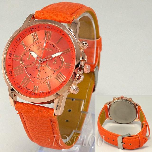 腕時計 レディース メンズ オレンジ ゴールド 革ベルト 安い 0004 レディースのファッション小物(腕時計)の商品写真