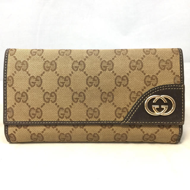 Gucci(グッチ)のGUCCI グッチ ブラウンレザー×GGキャンバス3つ折 長財布 レディースのファッション小物(財布)の商品写真