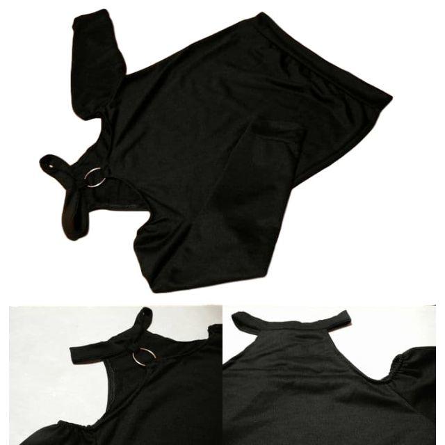 オフショルトップス ホルターネック カットソー スウェット長袖黒AD99 レディースのトップス(カットソー(長袖/七分))の商品写真