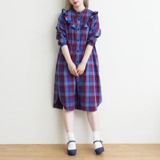 ドットアンドストライプスチャイルドウーマン(Dot&Stripes CHILDWOMAN)のダークチェック　フリルワンピース(ひざ丈ワンピース)