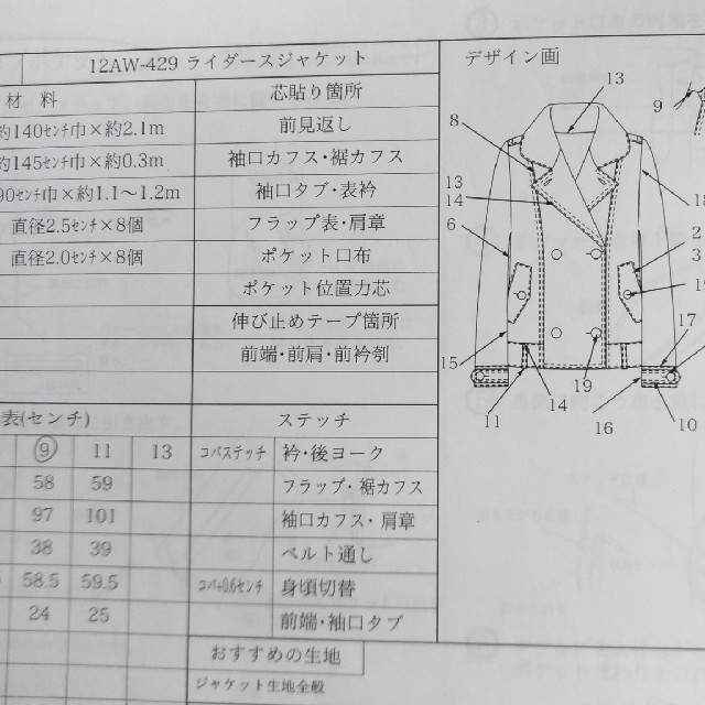 ライダースジャケット9号裏地付き クルール型紙の通販 by waka's shop｜ラクマ