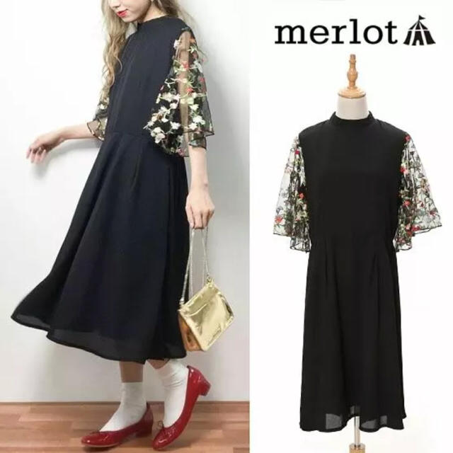 merlot(メルロー)のメルロー 花柄レース袖 ワンピース レディースのワンピース(ひざ丈ワンピース)の商品写真