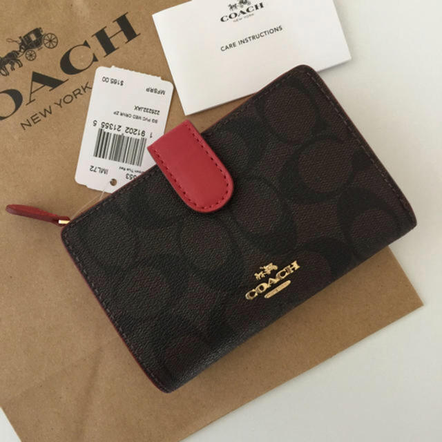 COACHコーチ折りたたみ財布レディースのレッド色新商品財布