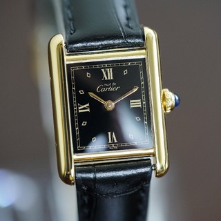 カルティエ(Cartier)の美品 カルティエ マスト タンク ブラック ゴールドローマンインデックス SM(腕時計)