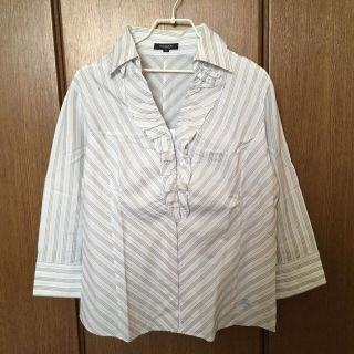 バーバリー(BURBERRY)のmsmhtr様専用★ バーバリー7 フリル ブラウス ストライプ 七分袖 44(シャツ/ブラウス(長袖/七分))