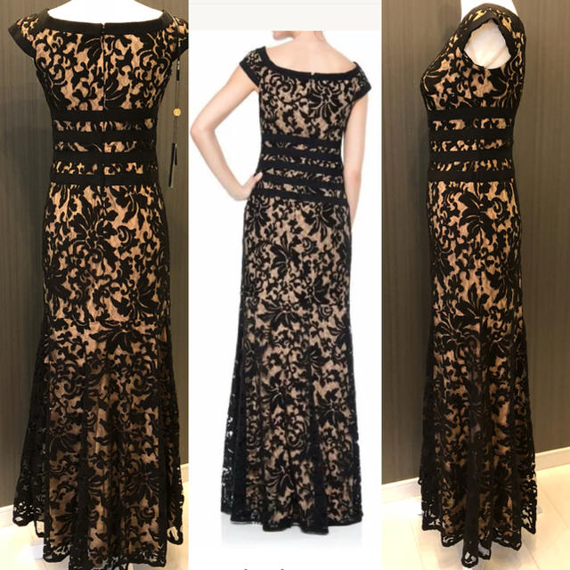 新品 Tadashi Shoji 総レース ブラックベージュ ロングドレス