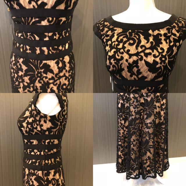 新品 Tadashi Shoji 総レース ブラックベージュ ロングドレス