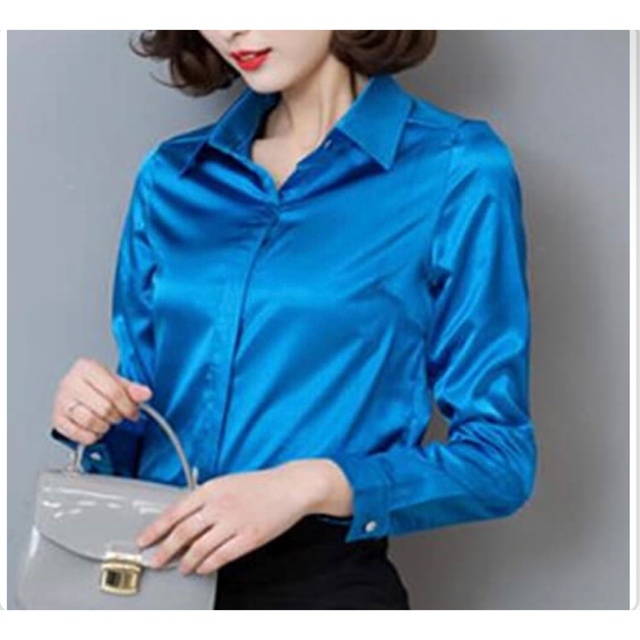 ブラウス シャツ サテン 長袖 シンプル 無地 上品 ターコイズブルー 青 XL レディースのトップス(シャツ/ブラウス(長袖/七分))の商品写真