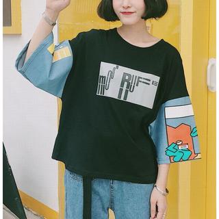 XLゆったり 袖イラストプリント ビックTシャツ半袖原宿系韓国オルチャンAF35(Tシャツ(半袖/袖なし))