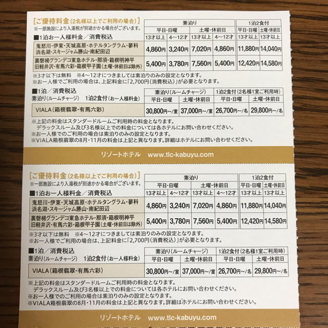 東急ハーヴェスト、リゾートホテル宿泊優待券2枚 チケットの優待券/割引券(宿泊券)の商品写真