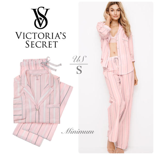 【新品、本物、当店在庫だから安心】 Victoria's Secret VSフランネルパジャマセット(ピンクストライプ,US/S