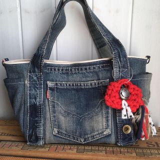 ロデオクラウンズワイドボウル(RODEO CROWNS WIDE BOWL)のRODEO CROWNSデニムリメイク👖バッグ👜帆布アイボリー×迷彩ポケット(バッグ)