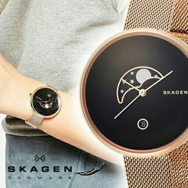 【電池交換済】SKAGEN スカーゲン 腕時計 ムーンフェイズ ゴールド