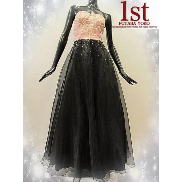ロングドレスM 新品 ロングドレス 1st ピンク×ブラック シフォン ベア E1606