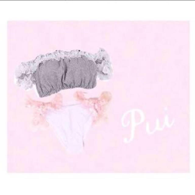 pui????ギンガムチェック リボン 水着 オフショル - 水着 pui 水着 ブラック ピンクリボン
