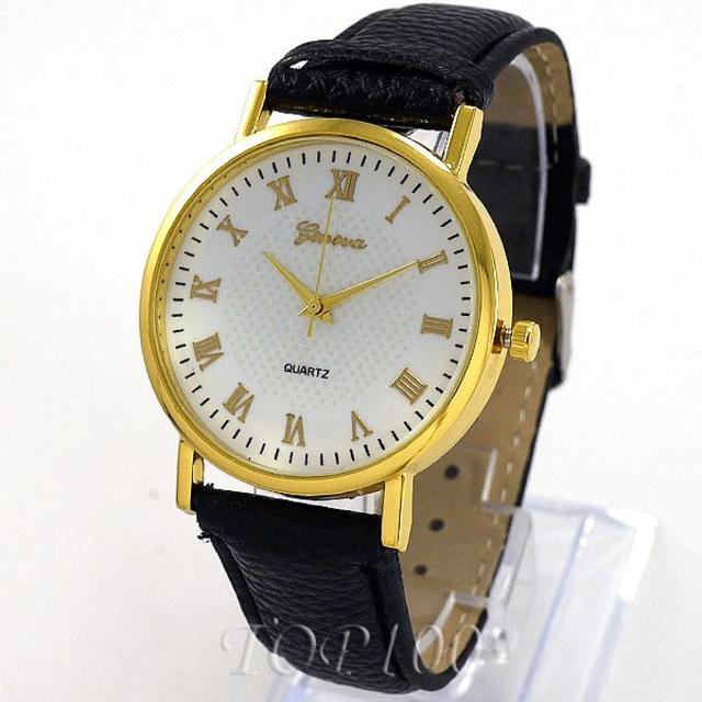 腕時計 レディース メンズ 白 黒 ゴールド 革ベルト 安い 0033 レディースのファッション小物(腕時計)の商品写真
