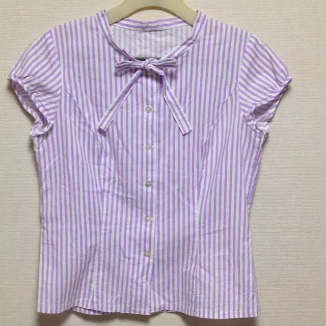 紫ストライプ ボウタイブラウス レディースのトップス(シャツ/ブラウス(半袖/袖なし))の商品写真