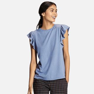 ユニクロ(UNIQLO)のユニクロ フリルスリーブT（半袖）Lサイズ／ブルー 新品タグ付き！(Tシャツ(半袖/袖なし))