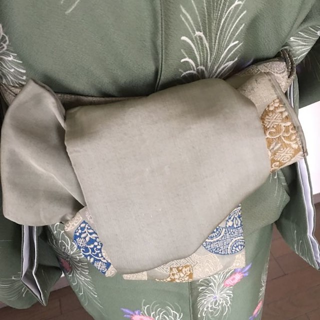 専用  化繊  抹茶地菊のお召し３点セット(Lサイズ) 裄67cm レディースの水着/浴衣(振袖)の商品写真