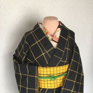 専用  黒地の泥大島紬（Lサイズ)裄６５cm(振袖)