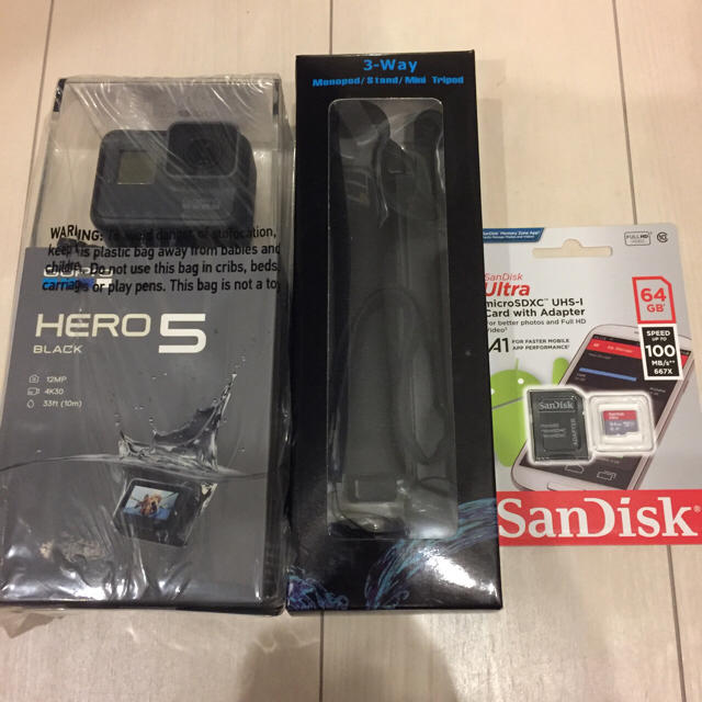 3点セットgopro hero5 black、セルカ棒、マイクロSD64gb