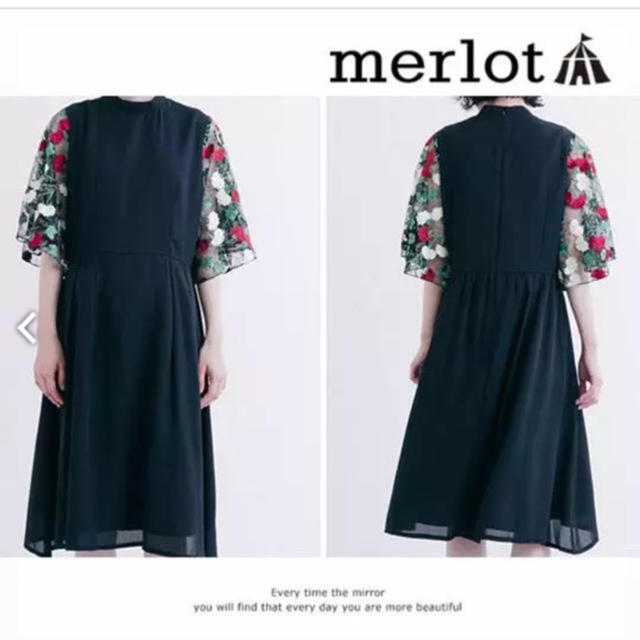 merlot(メルロー)の新品♡メルロー ♡花刺繍レース スリーブ ワンピース 黒 レディースのワンピース(ひざ丈ワンピース)の商品写真