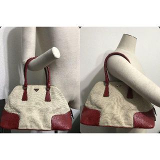 プラダ(PRADA)の●12万プラダ型押しレザー革＆キャンパスカナパ大き目トートバッグ異形●美品(ボストンバッグ)