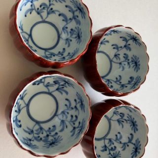 有田焼 館林源右衛門 造 朱泥菊形小鉢／4客 小鉢 内染付 花文 茶懐石 料亭(食器)