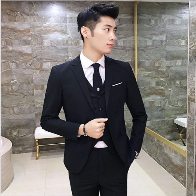【セットアップ♪】スーツ3点セット 春夏 細身 オルチャン 韓国 ブラックXL メンズのスーツ(セットアップ)の商品写真