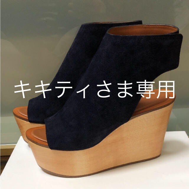 靴/シューズセリーヌ正規店購入美品ウッドウェッジヒールサンダル★ネイビーCELINE