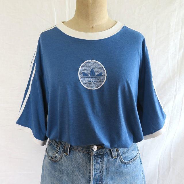90s sdidas 青×白ライン Tシャツ ビッグシルエット vintage