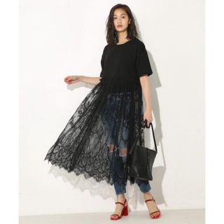 アズールバイマウジー(AZUL by moussy)の半袖レース切替ワンピース AZUL by moussy/アズール バイマウジー　(ひざ丈ワンピース)