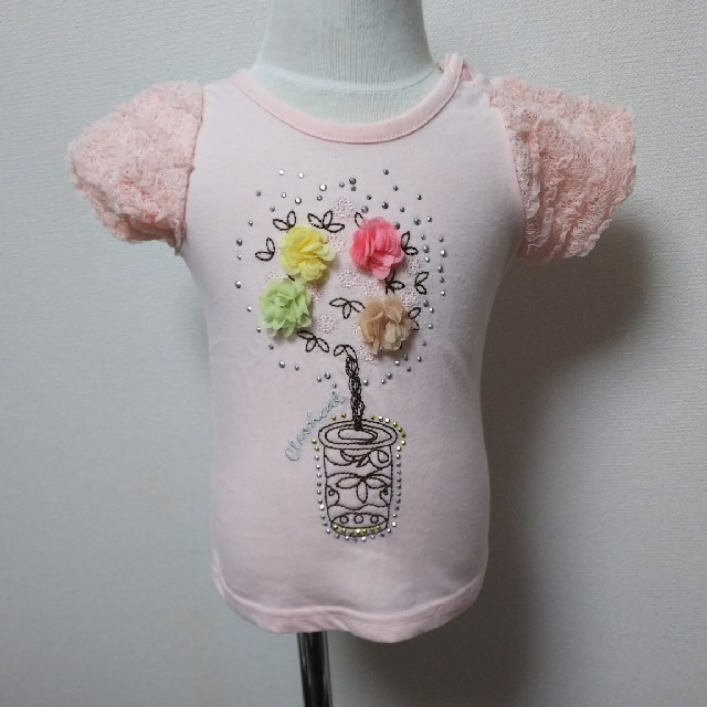 80cm☆ピンク☆半袖☆Tシャツ☆お花＋ビジュー＋リボン☆女の子 キッズ/ベビー/マタニティのベビー服(~85cm)(Ｔシャツ)の商品写真