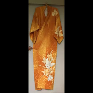 着物 黄色 オレンジ 花柄 カトレア 蘭 結婚式 パーティー お茶会 袴(着物)