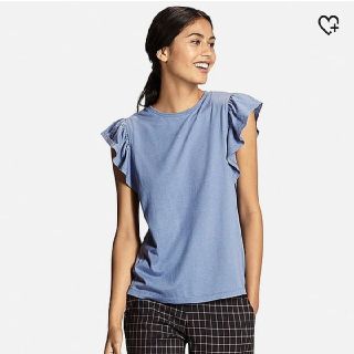 ユニクロ(UNIQLO)のフリルスリーブT ブルー M(Tシャツ(半袖/袖なし))