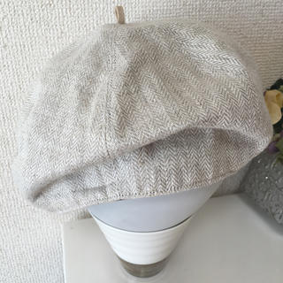 春夏用ベレー帽 リネン ヘリンボーン ホワイトベージュ(ハンチング/ベレー帽)