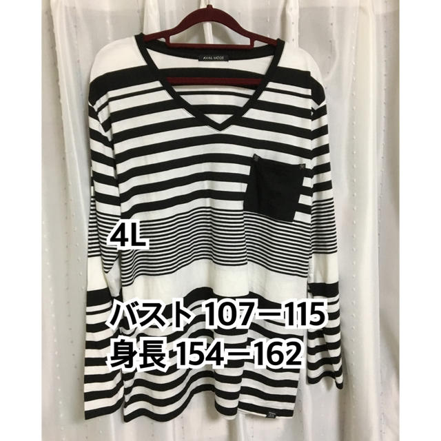 大きいサイズ レディース 4L 黒白ストライプ 長袖Tシャツ レディースのトップス(Tシャツ(長袖/七分))の商品写真