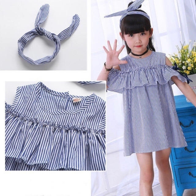 ◎新品◎海外輸入リボンストライプフリルワンピース キッズ/ベビー/マタニティのキッズ服女の子用(90cm~)(ワンピース)の商品写真