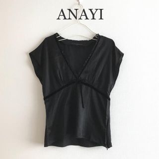 アナイ(ANAYI)のANAYIアナイ Vネックシルクブラウス トップス 半袖 ブラック 上品(シャツ/ブラウス(半袖/袖なし))