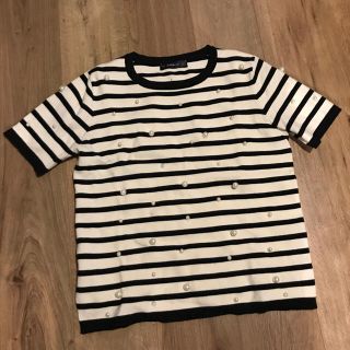 ザラ(ZARA)の【美品】ZARA:パール付きボーダー Tシャツ(Tシャツ(半袖/袖なし))