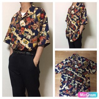 G2光沢昭和レトロ刺繍ストライプ総柄シャツ菅田将暉ヴィンテージゆるダボ90s