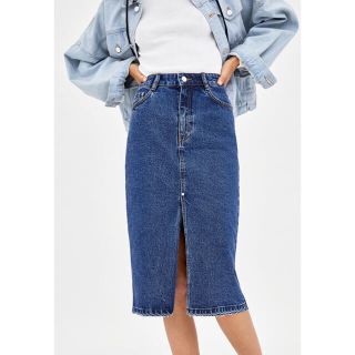 ザラ(ZARA)のZARA ミディ丈 デニムスカート 36(ひざ丈スカート)