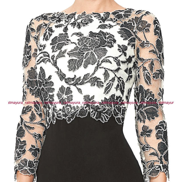 TADASHI SHOJI花刺繍レースAラインワンピース黒XグレーXゴールド60303-11